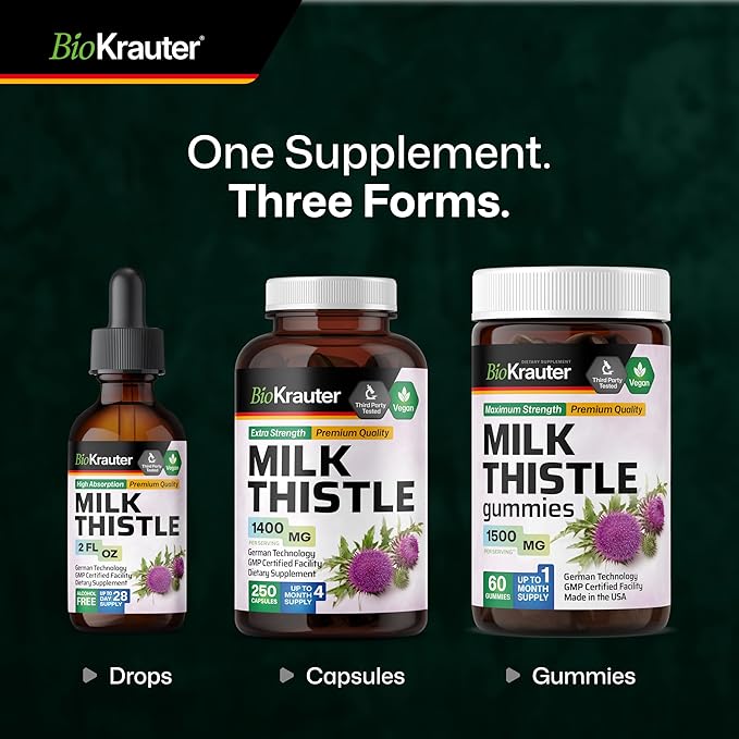 BIO KRAUTER® Milk Thistle Supplement - Liquid Pure Vegan Milk Thistle Extract 680 mg per Serving 2 Fl.Oz 28 Days of Supply - Liver Cleanse & Detox, Сontains Silymarin - Alcohol & Sugar Free