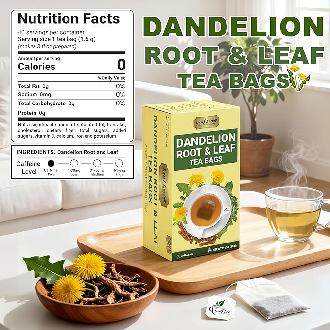 LeafLea 80 Dandelion Root and Leaf Tea Bags, Dandelion Tea for Digestion Support, Roasted Dandelion Root Herbal Tea Blend, Caffeine-Free, Vegan, Te de Diente de Leon (2 Pack)