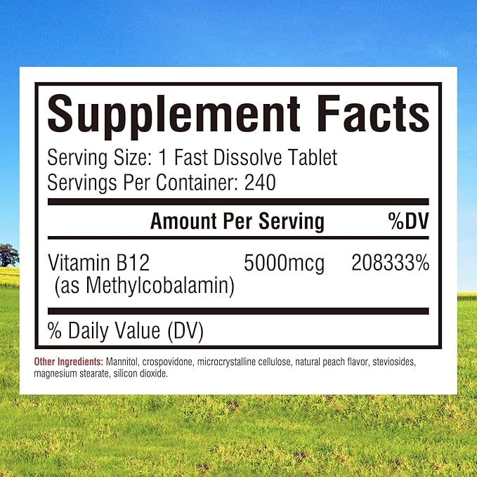 Innate Vitality Vitamin B12 5000mcg, Sublingual, Vegan Methylcobalamin, Fast Dissolve Tablets, Natural Peach Flavor, Supports Energy Production & Healthy Nervous System, 240 Tablets