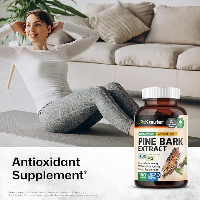 BIO KRAUTER® Pine Bark Extract for Circulatory & Antioxidant Support - Vegan French Maritime Pine Bark Herbal Supplements - Natural Antioxidants & Skin Support - 400 mg per Serving, 100 Сapsules