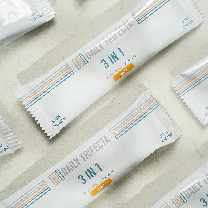 DAILY TRIFECTA 3-in-1 Collagen, Creatine & Electrolyte Stick Packs | Type I Collagen, Creatine Monohydrate, Zero Sugar | 30 Natural Single-Serve Packets | Strength, Hydration & Recovery (Mango)