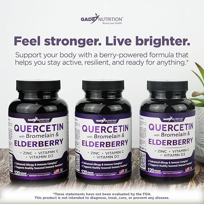 Gade Nutrition Quercetin with Bromelain, Vitamin C and Zinc, Vitamin D, and Elderberry | Daily Immune Support Supplement - 4 Months Supply