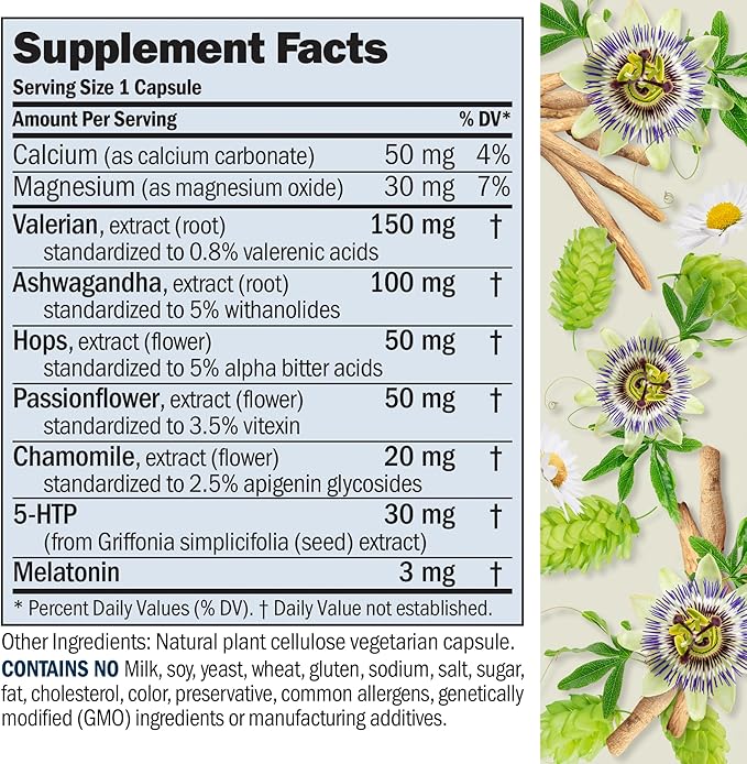 ANDREW LESSMAN Night Time 60 Capsules - 3mg Melatonin, Valerian, Ashwagandha, Passionflower, Hops, Chamomile. No Morning Grogginess. Natural Support, Gentle Restful Sleep. Easy to Swallow Capsules