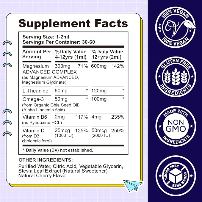 Kids Magnesium Liquid Drops-Magnesium Glycinate Liquid for Kids Supplement-w/L-theanine, Omega-3, Vitamin B6, D3 - for Sleep, Relaxation, Brain, Bones - Cherry Flavor, 2 Fl Oz