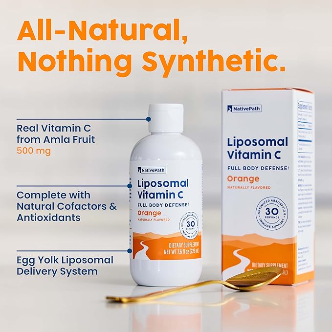 NativePath Liposomal Vitamin C 500mg with Amla Extract - High Absorption Immune Support Supplement - Orange Flavor, 30 Servings