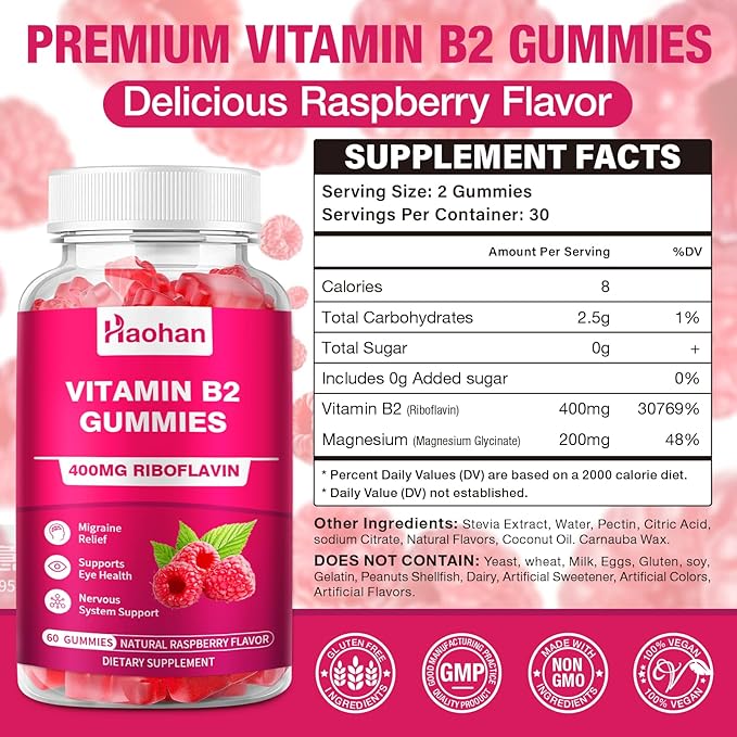 Haohan Vitamin B2 400mg with Magnesium Gummies for Migraine and Nervous System Support in Sugar-Free Vegan Raspberry Flavor, 60 Count for Adults and Kids