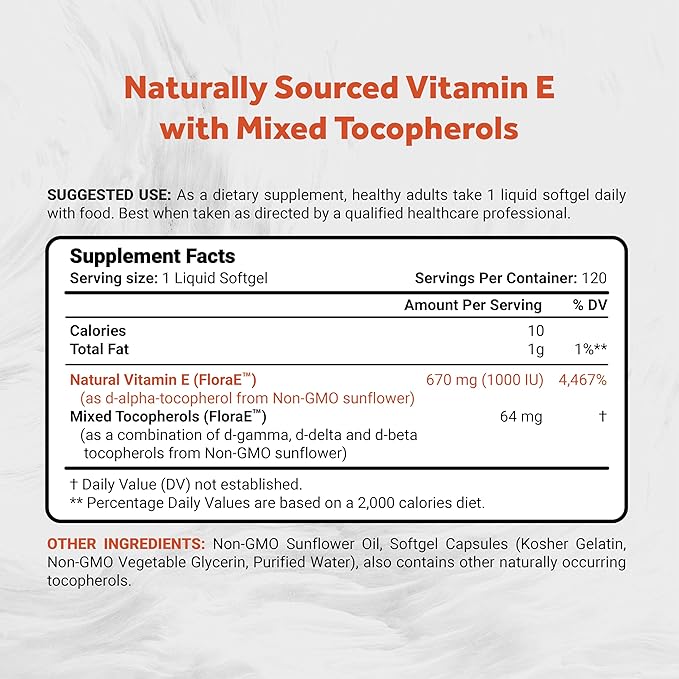 Naturalis Sunflower Vitamin E 670mg (1000 IU) with Mixed Tocopherols | Essential Skin Vitamin & Immune Support | Non-GMO, Soy & Gluten Free | 120 Softgels