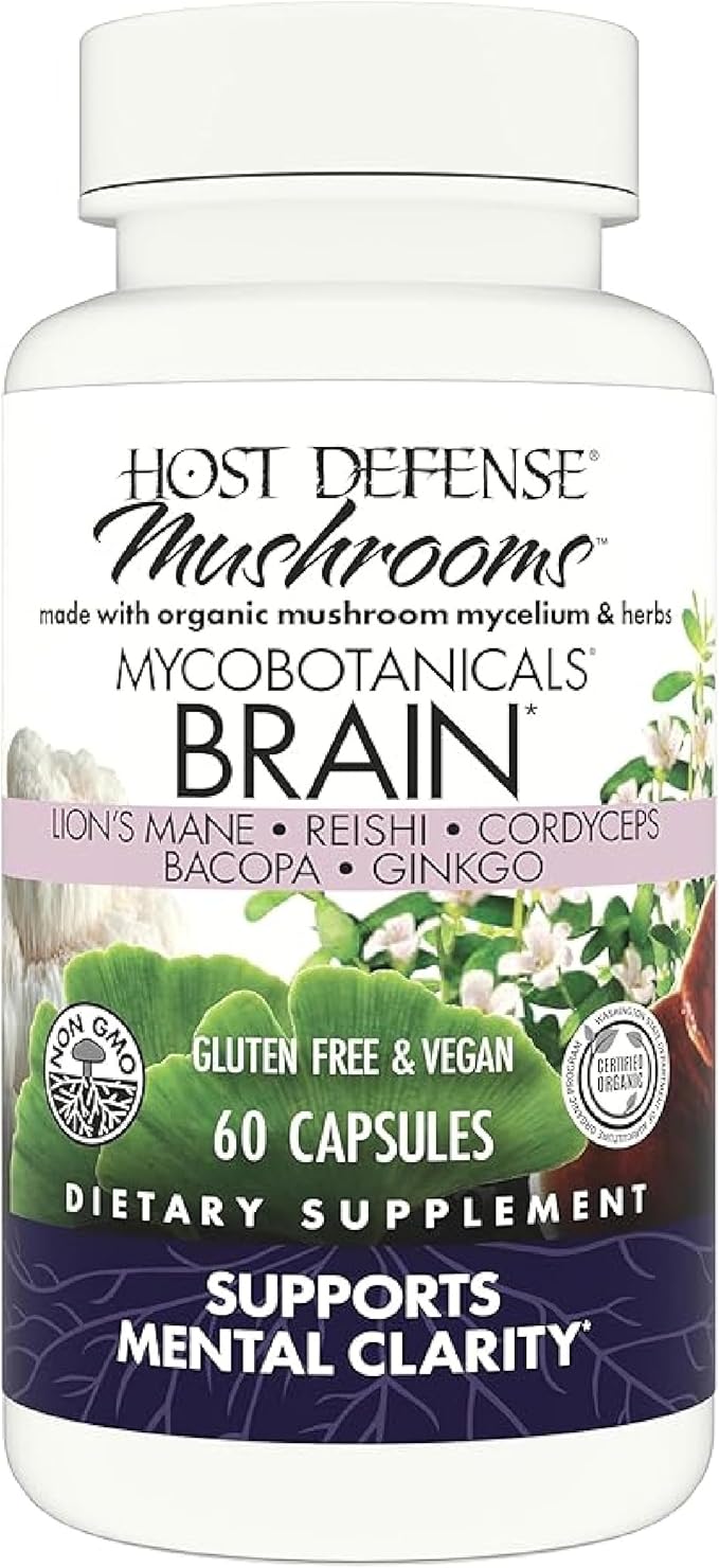 Host Defense MycoBotanicals Brain* Capsules - Brain Support Supplement with Lion's Mane, Reishi & Cordyceps Mushroom - Herbal Supplement for Memory & Focus Support - 60 Capsules