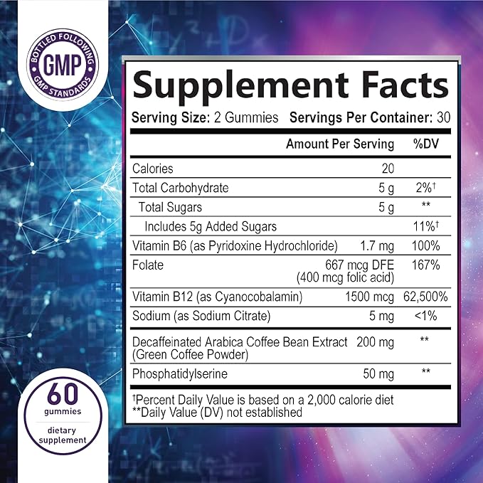 Nootropic Brain Booster Gummies Supplement - Memory, Focus & Concentration Gummy with Vitamins B6 & B12, Proven and Tested Phosphatidylserine - Natural Cognitive Function & Energy Boost, 60 Gummies