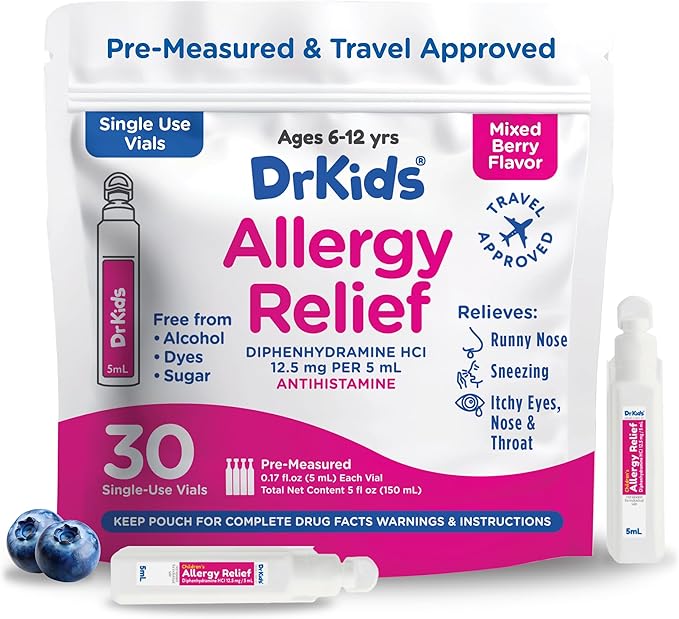 Dr. Kids Children's Allergy Relief Medicine with Diphenhydramine HCl 12.5 mg - Pre-Measured Single-Use Vials, Kids Antihistamine for Sneezing, Runny Nose & Itchy Eyes, Mixed Berry Flavor, 30 Count