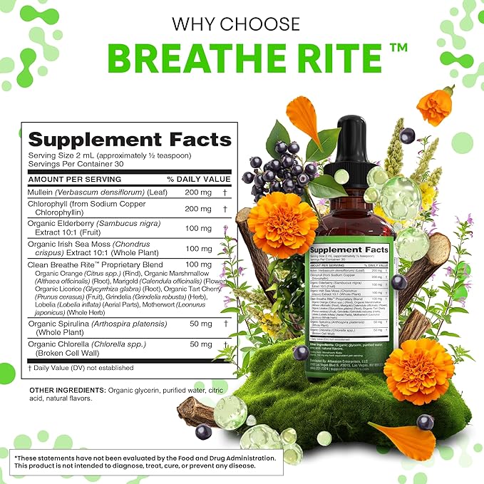 Organic Mullein Liquid Drops With Chlorophyll for Lung Detox Plus Irish Sea Moss, Spirulina, Licorice, Tart Cherry, Lobelia, Motherwort, And Elderberry For Men Women Health Supplement Vitamin (2)