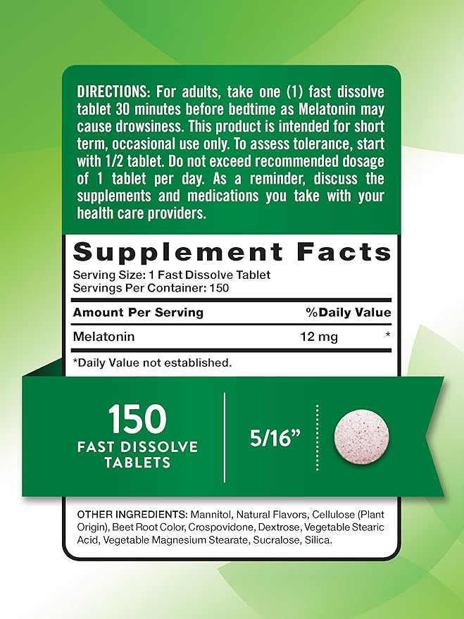 Nature's Truth Melatonin 12 mg | 150 Tablets | Quick Dissolve | Natural Berry Flavor | Vegan, Non-GMO & Gluten Free Supplement for Adults