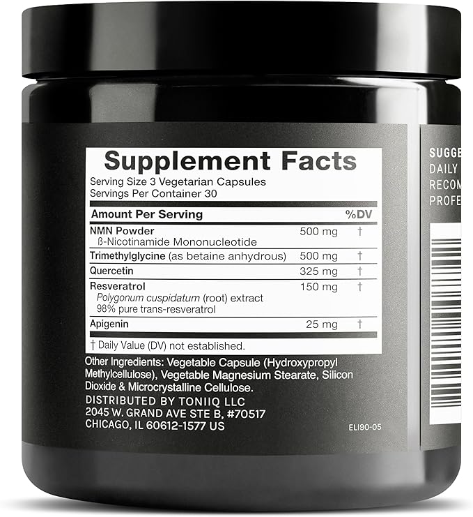 1500mg NMN Supplement with Resveratrol – High Potency Nicotinamide Mononucleotide 500mg with Trimethylglycine, Quercetin, Resveratrol & Apigenin – Pure NMN Capsules – Third-Party Tested – 30 Servings