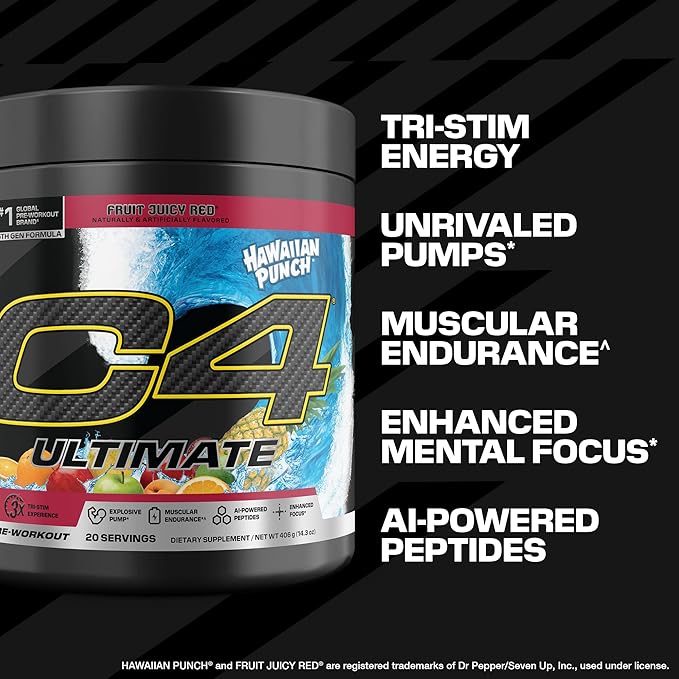 C4 Ultimate Pre Workout Powder - Sugar Free Preworkout Energy Supplement for Men & Women - 300mg Caffeine + TeaCrine + Dynamine + Creatine - Hawaiian Punch Fruit Juicy Red, 20 Servings