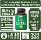 Peak Performance Zinc with Copper + Whole Food Blend of 25 Vegetables and Fruits for Max Absorption - Immune Support Supplement Capsules - Two Essential Minerals for Immunity - Pills for Men & Women
