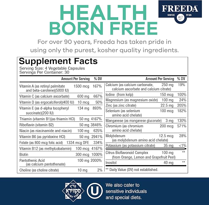 Freeda Maximum Strength Multivitamin – High Potency Daily Supplement for Active Adults (Men & Women) – Iron Free – SCD Diet Compatible – 120 Capsules – Ultra-Freeda