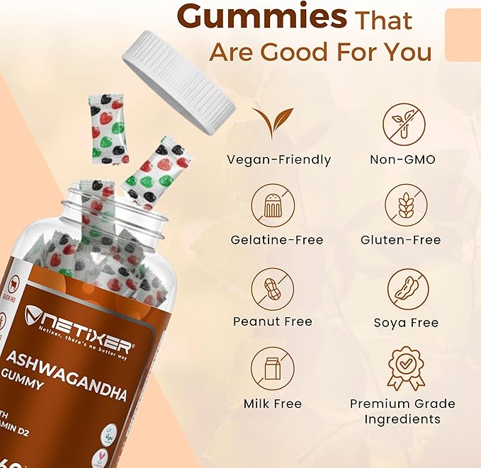 Ashwagandha Gummies – Vegan, Strawberry Flavor – with KSM-66 300mg & Vitamin D2 50mcg – Gluten-Free, Gelatin-Free, Non-GMO – 60 Gummies – Adaptogen Supplement for Adults
