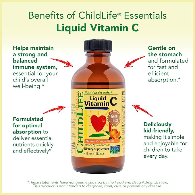 CHILDLIFE ESSENTIALS Liquid Vitamin C - Pure Vitamin C Liquid Supplement for Kids, Immune System Support, Great Taste - Natural Orange, 4 Fl Oz (Pack of 3)