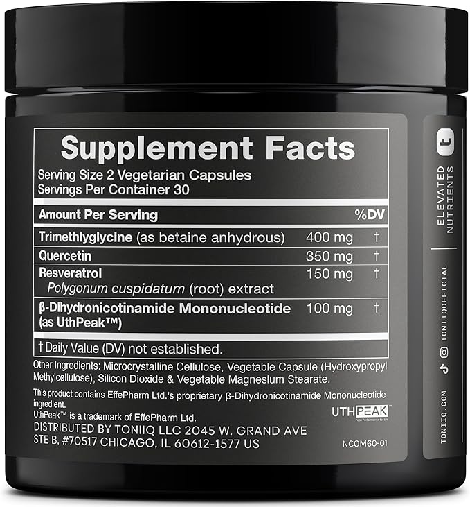 Toniiq NMNH Supplement – Ultra High Potency 1,000mg Complex with Clinically Studied Uthpeak™ NMNH, Resveratrol, Quercetin & TMG – Highly Purified – Third-Party Lab Tested – 60 Capsules
