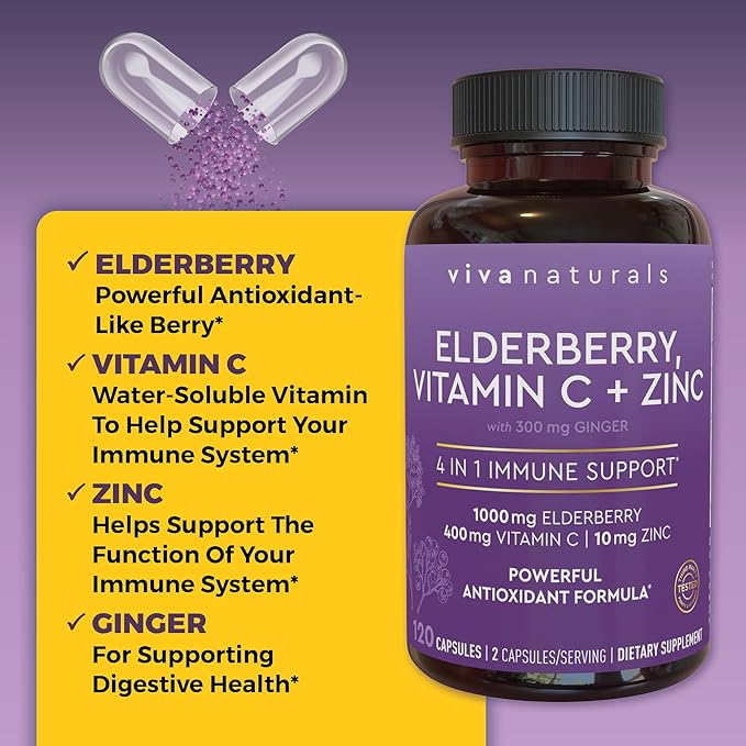 Viva Naturals Elderberry with Vitamin C and Zinc (120 Capsules) - 1000mg Sambucus Elderberry Immune Support Supplement, Black Elderberry Capsules for Adults, Elderberry Vitamins - 2 Months Supply