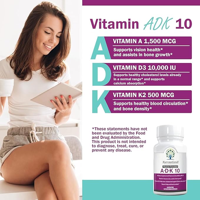 ADK10 – Vitamins A, D3 250 mcg & K2 MK-7 for Bone, Heart & Immune Health – Non-GMO, Gluten-Free, Soy-Free – 90 Capsules (3-Month Supply)