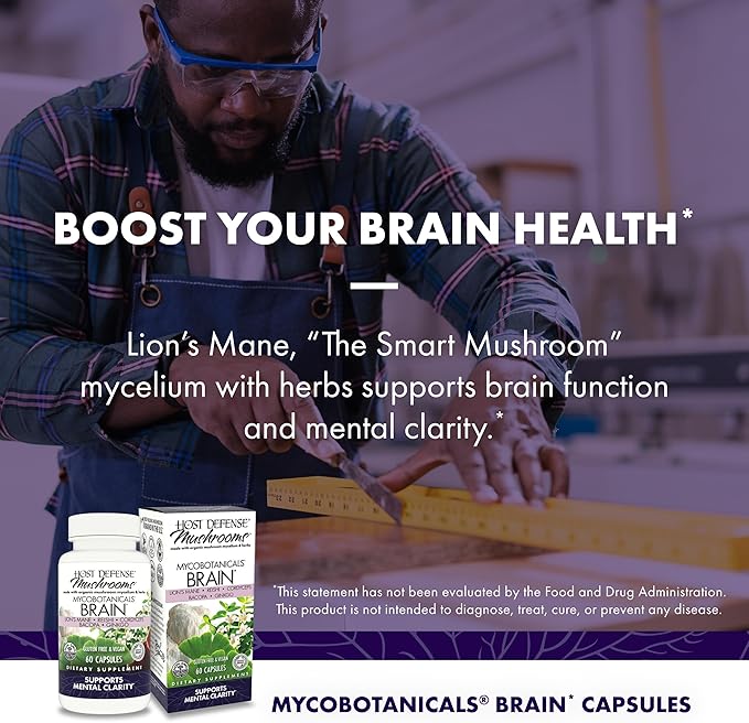 Host Defense MycoBotanicals Brain* Capsules - Brain Support Supplement with Lion's Mane, Reishi & Cordyceps Mushroom - Herbal Supplement for Memory & Focus Support - 60 Capsules