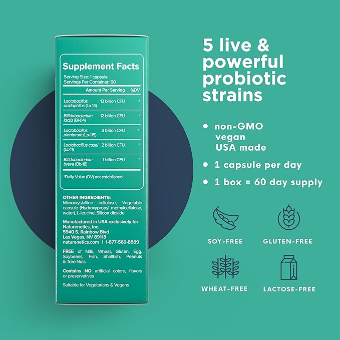 Probiotics 30 Billion CFU - 5 Strains to Support Digestive and Immune Health for Women and Men - Individually Foil Wrapped, Shelf Stable - Gluten and Dairy Free, Vegan - 60 Capsules - 60 Day Supply