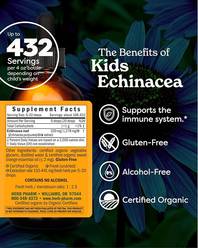 Herb Pharm Kids Certified-Organic Alcohol-Free Echinacea Glycerite Liquid Extract Drops, 4 oz