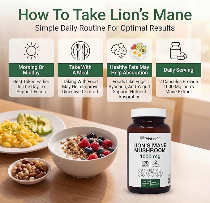 PRISTINE'S Lion's Mane Mushroom Supplement Capsules - Focus & Cognitive Function Adaptogen - 1000mg 60 Day Supply - Immunity, Memory and Focus for Adults - Vegan - Non-GMO Glass Bottle