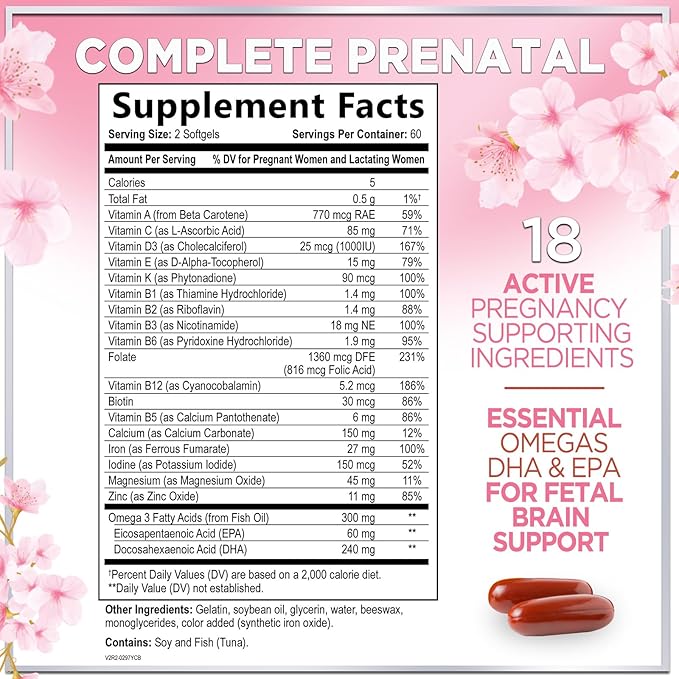 Prenatal Vitamins for Women - Prenatal Multivitamin with Folic Acid & Omega 3 DHA Fetal Development Support - Pregnancy Vitamin Supplement with, Vitamin A, C, D, B6, B12 & Iron - 120 Softgels