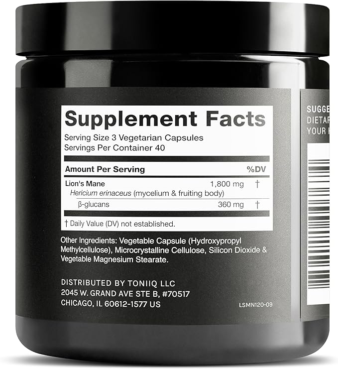 Toniiq Lion’s Mane - Ultra High Potency 10:1 Extract with 30% Polysaccharides - Highly Concentrated & Bioactive - Third-Party Lab Tested - 120 Capsules