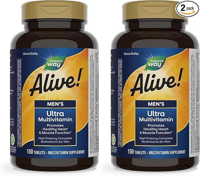 Nature's Way Alive! Men's Daily Ultra Multivitamin, High Potency Formula, Promotes Heart & Muscle Function*, with Methylated Vitamin B12, Gluten Free, 150 Tablets, (Pack of 2)