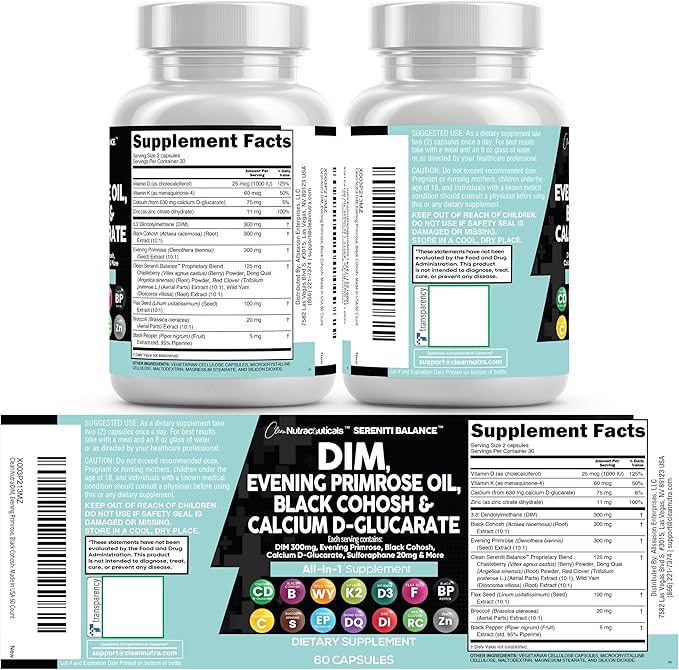Clean Nutraceuticals DIM Evening Primrose Black Cohosh Calcium D-Glucarate Sulforaphane Flax Seed Extract - Hormonal Support Vitamins for Women with Dong Quai - 60 Caps