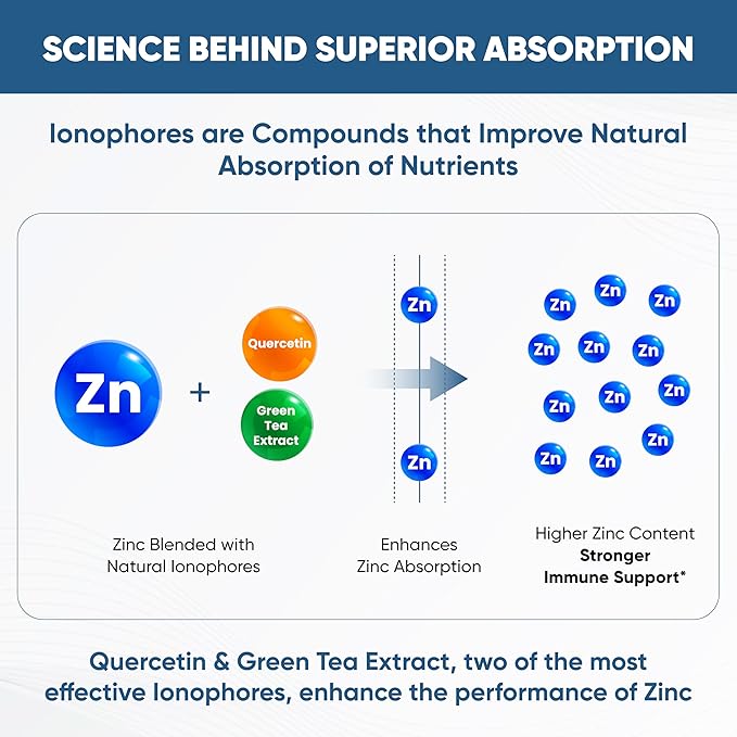 Sandhu's Zinc Supplement with Ionophores| Quercetin & Green Tea Extract for Superior Absorption and High Potency| 800mg Vegetarian Capsules 60 Count (Pack of 1)| Immune Support for Men & Women