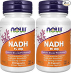 Now Supplements, NADH (Reduced Nicotinamide Adenine Dinucleotide) 10 mg with 200 mg D-Ribose, 60 Veg Capsules, (Pack of 2)