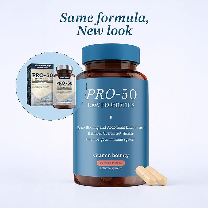 Vitamin Bounty Pro-50 - Probiotics for Women & Men - 50 Billion CFU - 13 Strains Probiotic + Prebiotic - Probiotics for Digestive Health - Delayed Release Capsules - 60 Count