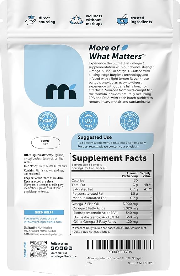 Micro Ingredients Omega 3 Fish Oil Supplements 3,000mg Per Serving, 120 Softgels | Lemon Flavored – Burpless | EPA 540mg + DHA 360mg | Deep Sea Fish