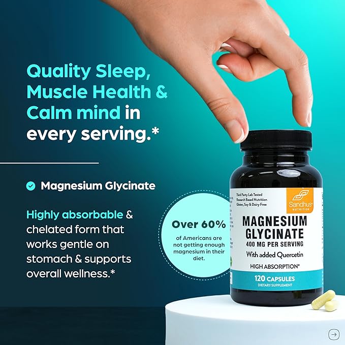 Magnesium Glycinate 400mg High Absorption Capsules with Quercetin | Quality Sleep, Relaxation & Muscle Health Supplement for Women and Men | Chelated Magnesium 120 Count (Pack of 2) | Easy to Swallow