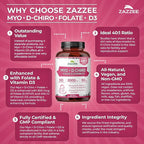 Zazzee Myo & D-Chiro Inositol Ideal 40:1 Ratio with Vitamin D3 & Folate, 120 Vegan Capsules, Hormonal Balance & Cycle Support for Women, Women’s Health Supplement, Non-GMO, Made in the USA
