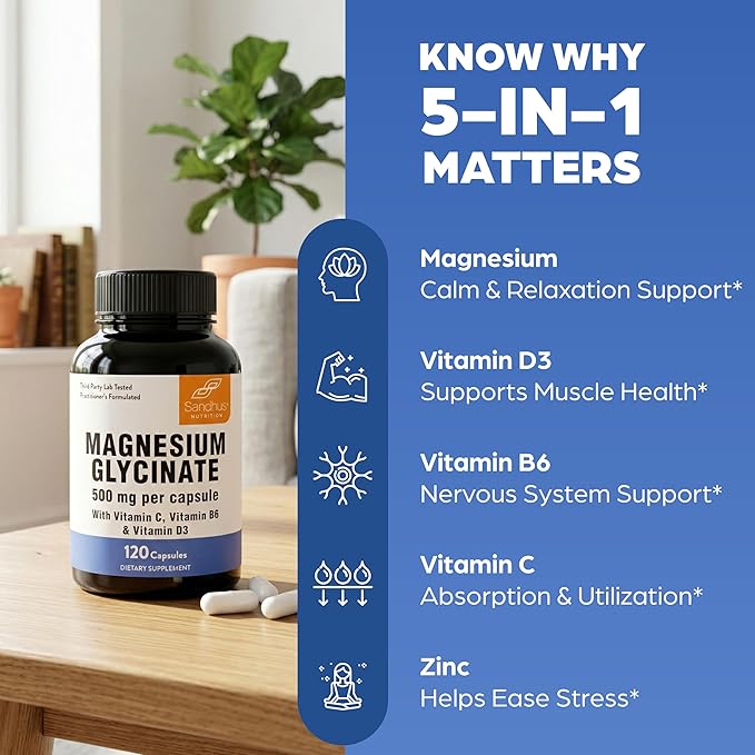 Magnesium Glycinate 500mg High Absorption Capsules with Vitamin C D3 B6 Zinc | Quality Sleep, Relaxation & Muscle Health Supplement for Women and Men | Chelated Magnesium 120 Count | Easy to Swallow