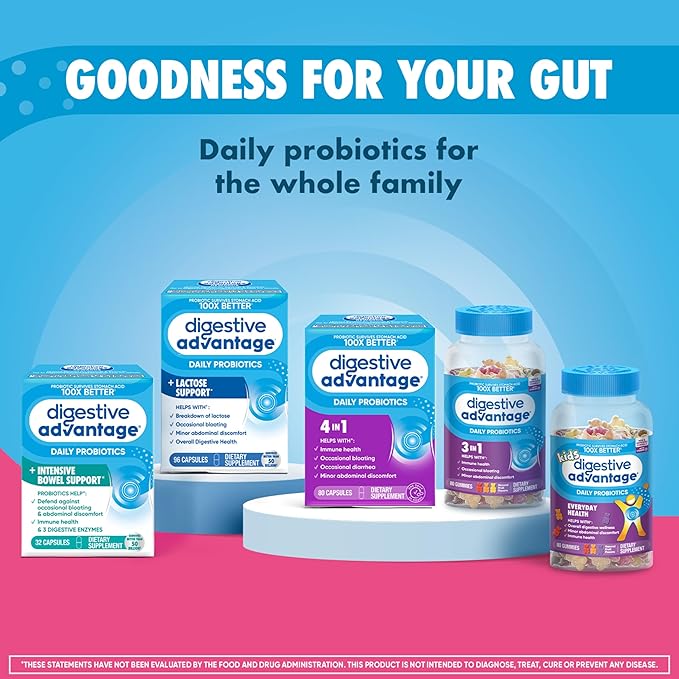 Digestive Enzyme and Probiotic Capsule- Digestive Advantage 32 Capsules, Survives 100x Better than regular 50 billion CFU, Breaks down food, helps prevent gas