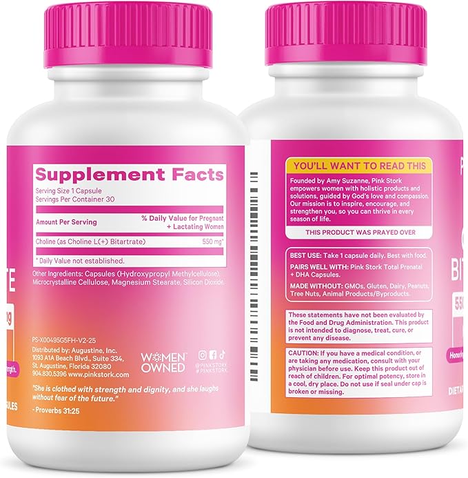 Pink Stork Choline - 550 mg Choline Bitartrate from VitaCholine for Pregnant + Postpartum Moms - Prenatal Vitamin for Fetal Cognitive Health + Breast Milk Quality - 1 Capsule Daily, 30 Count