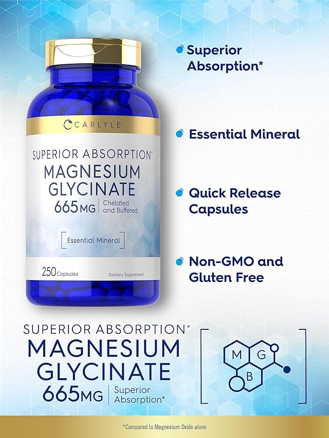 Carlyle Magnesium Glycinate | 665 mg | 250 Capsules | Non-GMO and Gluten Free Formula | Essential Buffered Mineral Supplement