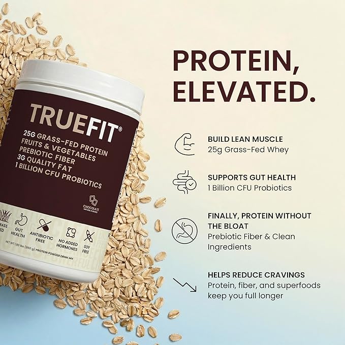 TrueFit High Fiber Protein Powder, Grass-Fed Whey Meal Replacement Shake with Prebiotics, Probiotics, & Organic Superfoods, Keto Friendly, Gluten Free
