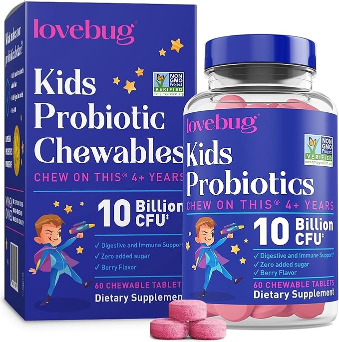 LOVEBUG Probiotics for Kids – Probiotic Chewables with Prebiotic Fiber for Age 4+, Daily Children's Gut Health, Constipation, Digestive & Immune Support Supplement, Sugar-Free Berry Flavor, 60 ct
