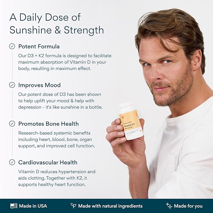 Bettervits Vitamin D3 5000 IU for Women and Men | with High Strength K2 Vitamins for Immune Support and Bone Health | Vitamin D Supplements with Calcium Absorption | 60 Vegetarian Capsules