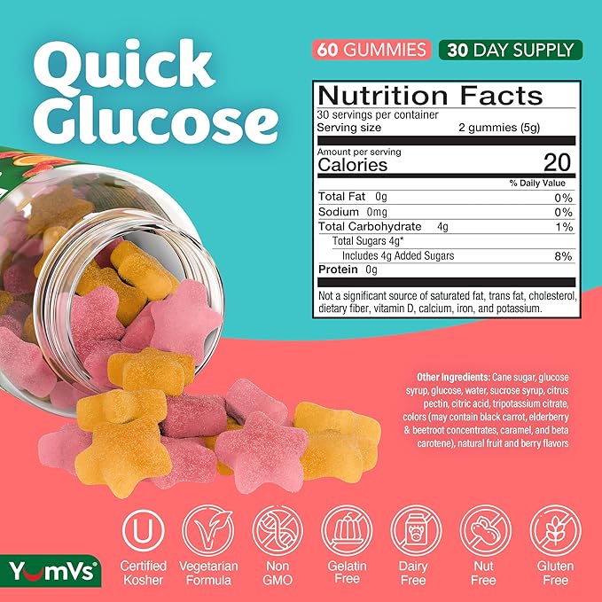 YUM-V'S Glucose Gummies – Fast Acting Glucose Gummy – Great Tasting – Gluten Free, Vegan, Non-GMO – Orange & Berry Natural Flavor – 60 Chewable Gummies for Adults & Kids