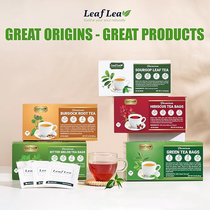 LeafLea 40 Green Tea Bags, 100% Natural & Pure from Green Tea Leaves, Smooth & Refreshing, Everyday Wellness with Natural Caffeine Content, Sugar-Free, Non-GMO, Individually Wrapped for Freshness