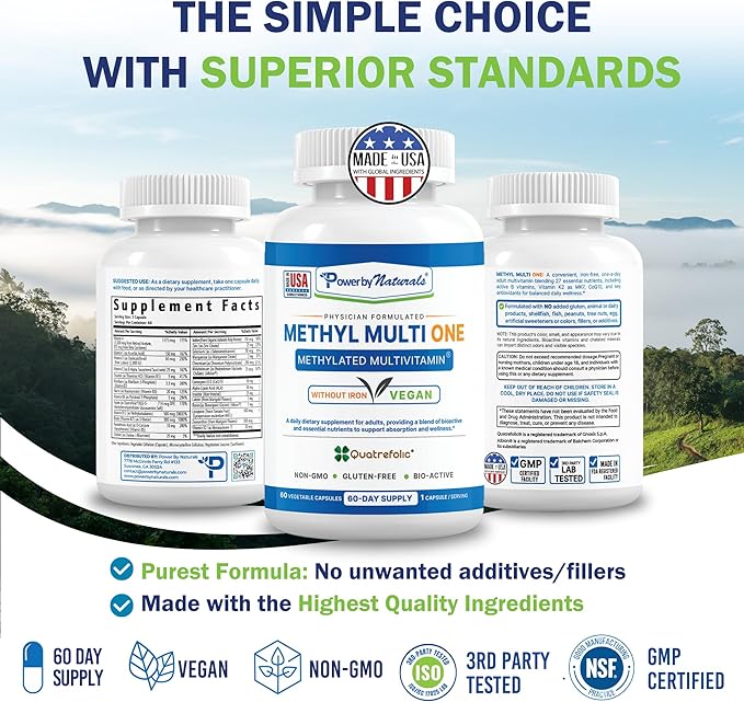 Power By Naturals Methyl Multi One – Iron-Free Methylated Multivitamin with Methyl B12, 5-MTHF, CoQ10 & Zinc – Methylation Support for Men & Women – 120 Capsules, 2-Pack (4-Month Supply)