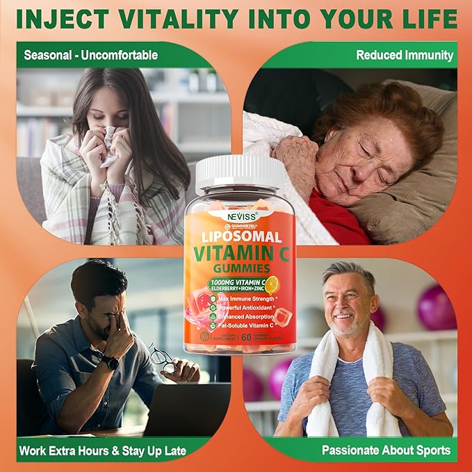 Liposomal Vitamin C 1000mg Gummies for Adults - Vitamin C Chewable with Elderberry, Zinc & 8mg Iron, Sugar Free Vit C Supplements, Daily Immune Support Gummies for Energy, Collagen Booster, 120 Counts